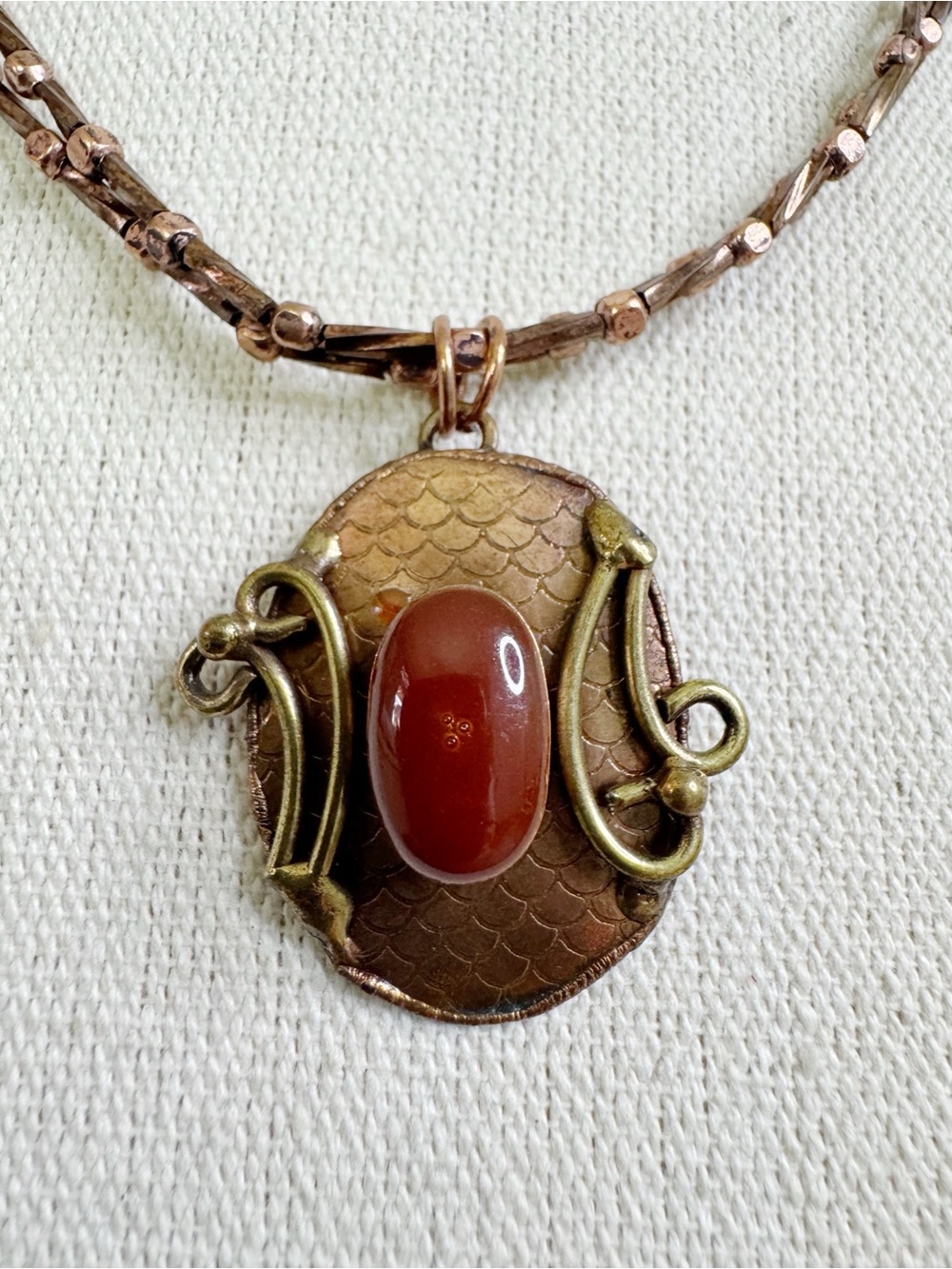 Vintage Artisan Copper Necklace with Red Stone Pendant - Mermaid Core Art Deco